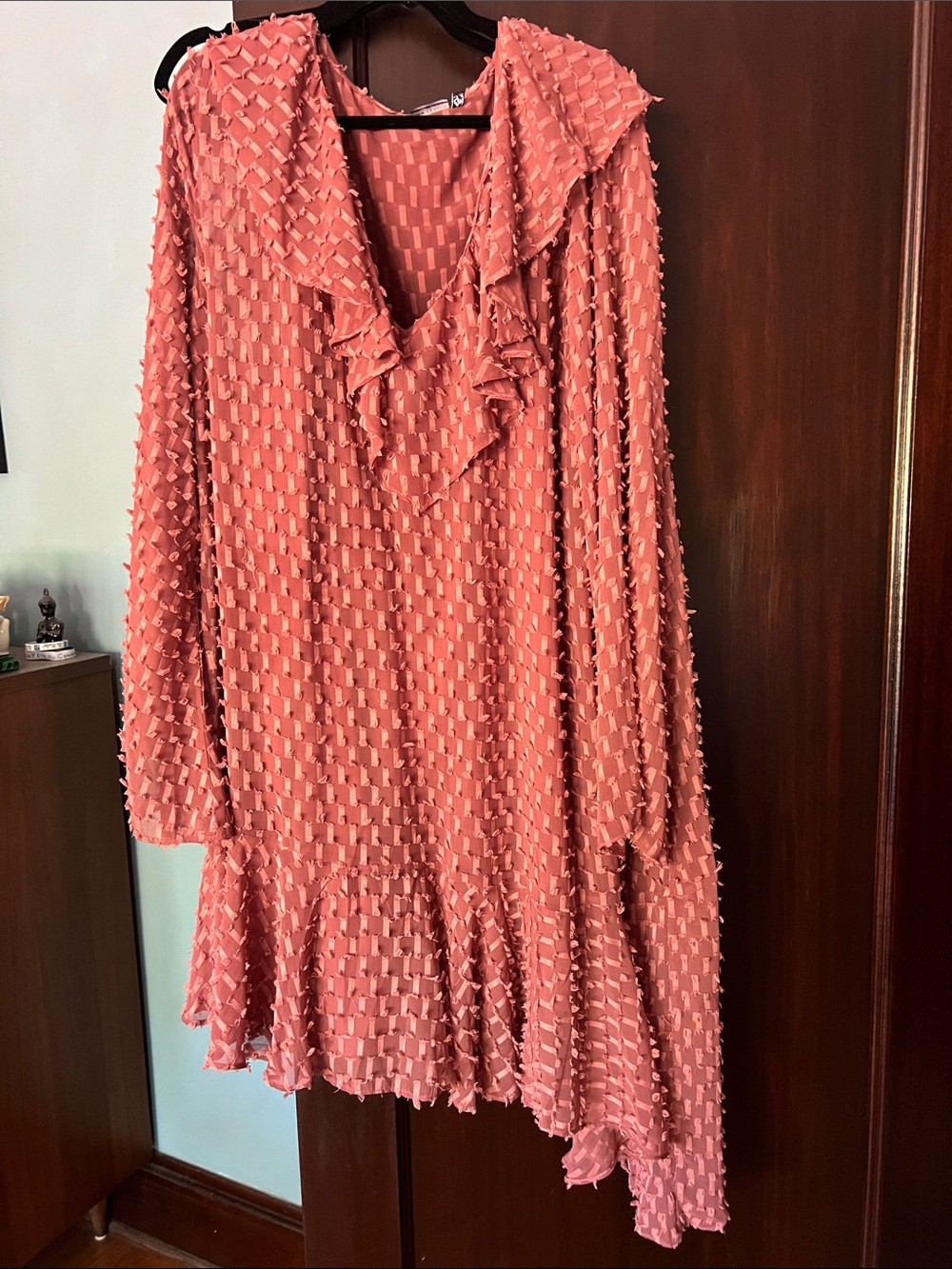 ASOS Mauve-Pink Long Sleeve Ruffle Textured Dress